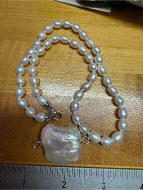 Cultured Pearl Necklace with Baroque Pearl Pendant - White